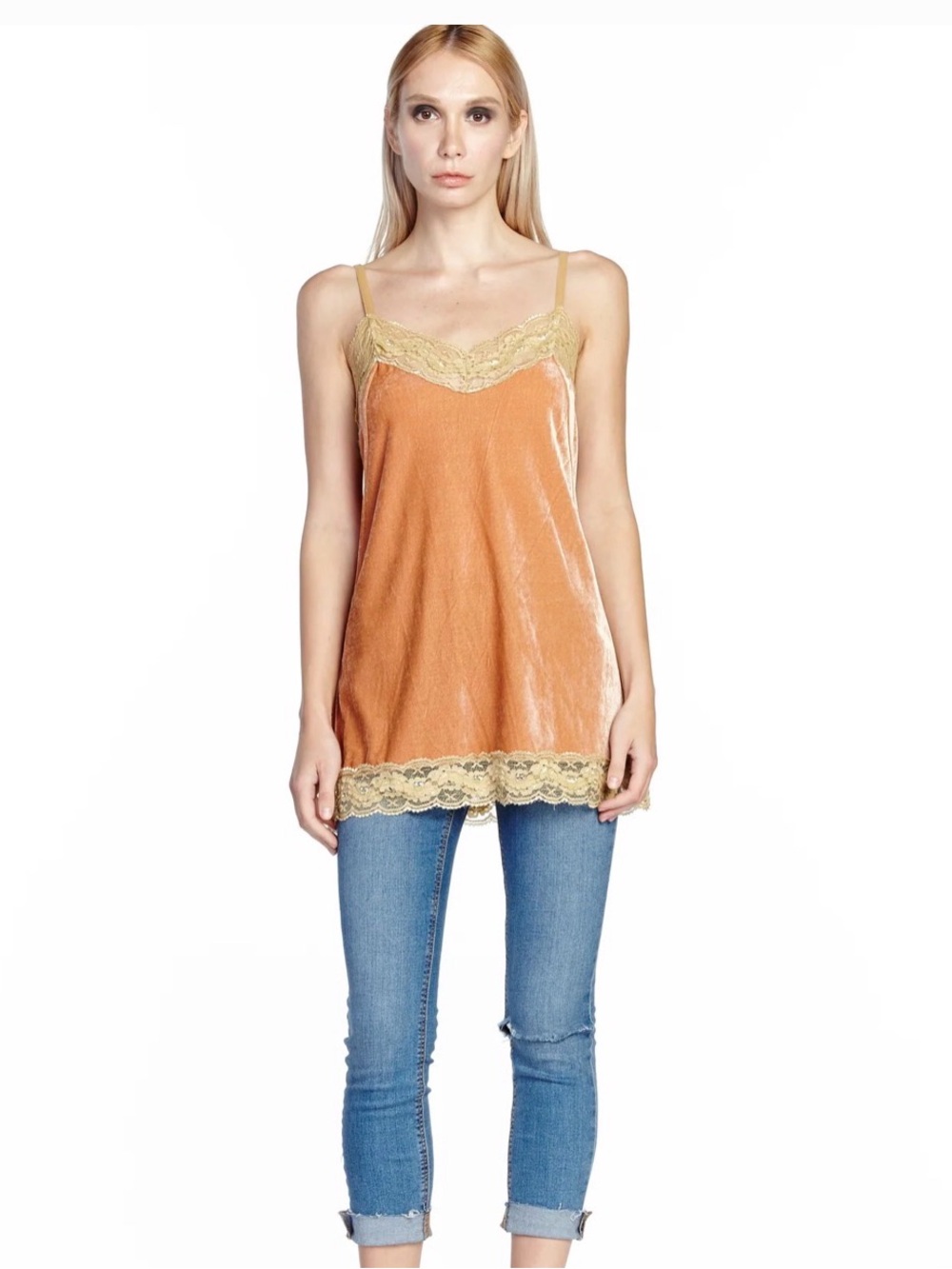Aratta Rust Velvet Dreams Cami with Gold Lace Trim